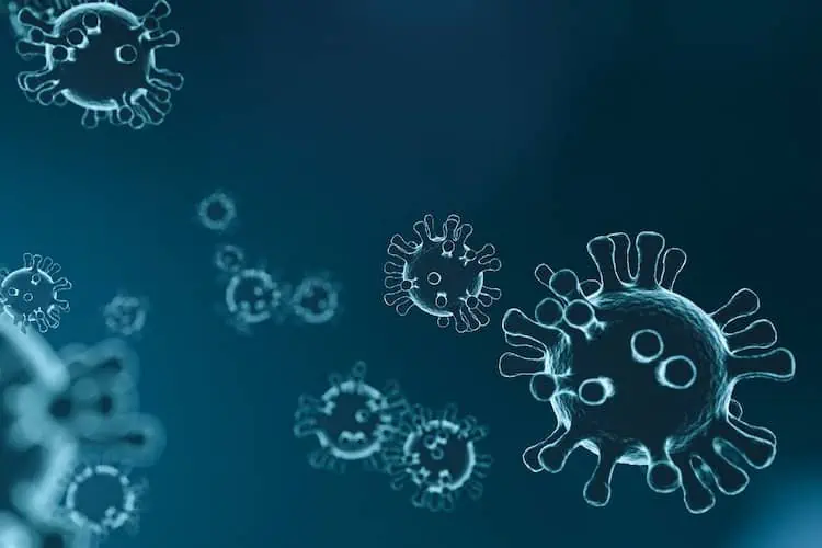 Coronaviren auf blauem Hintergrund in Hamburg.