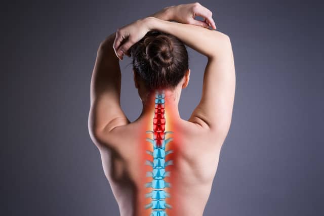 Der Rücken einer Frau mit sichtbarer Wirbelsäule wird sanft osteopathisch behandelt.