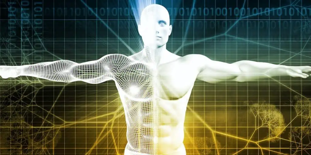 Das Bild eines Mannes mit ausgestreckten Armen vor einem digitalen Hintergrund zeigt Sportosteopathie.