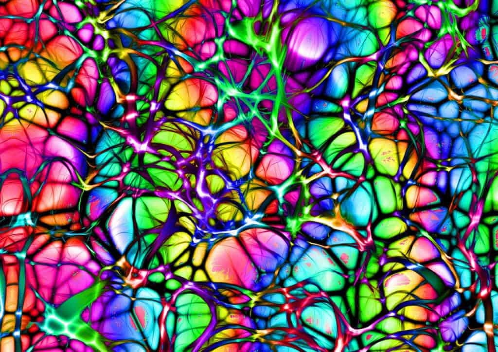 Ein lebendiger psychedelischer Hintergrund mit einem Kaleidoskop aus Farben.