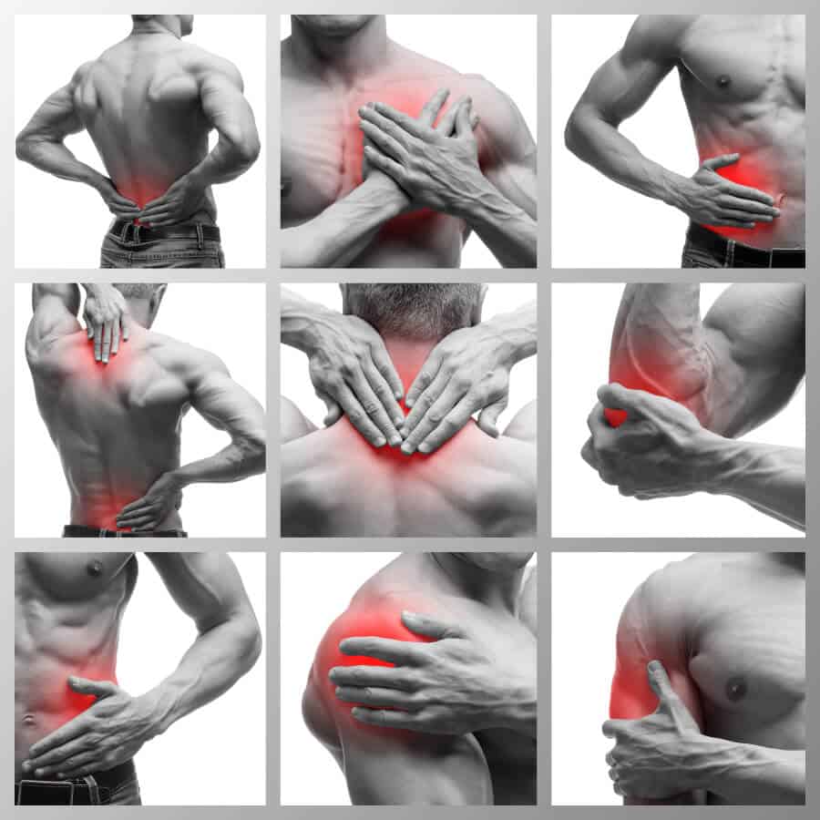 Eine Collage aus Bildern eines Mannes mit Rückenschmerzen, der sich einer kinderosteopathischen Behandlung unterzieht.
