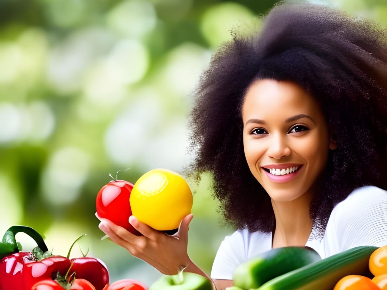 Una donna con capelli afro tiene in mano una pila di frutta e verdura e pubblicizza l'osteopatia ad Amburgo.