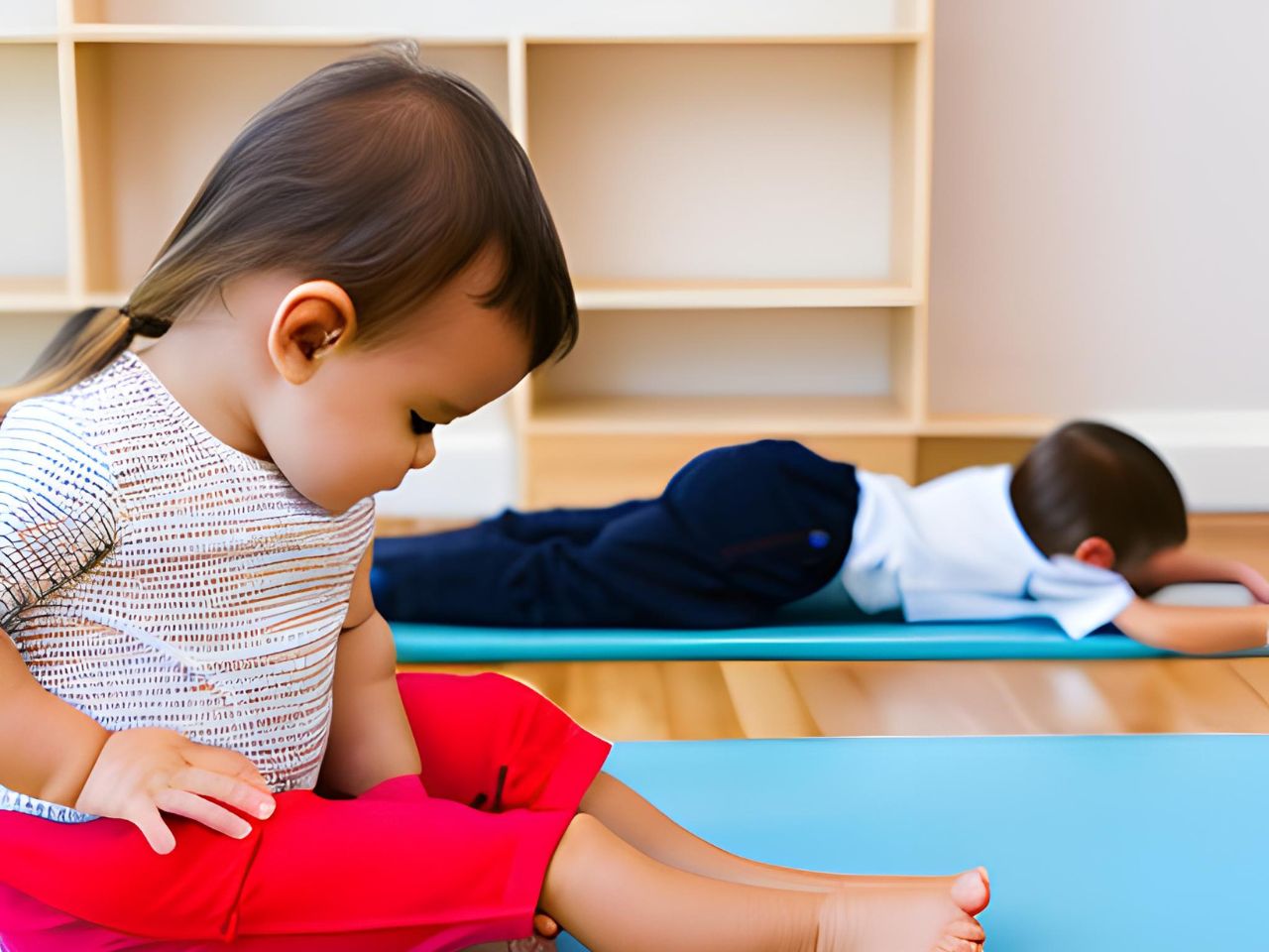 Dziecko ćwiczy jogę na macie w pokoju pod nadzorem osteopaty z Hamburga.