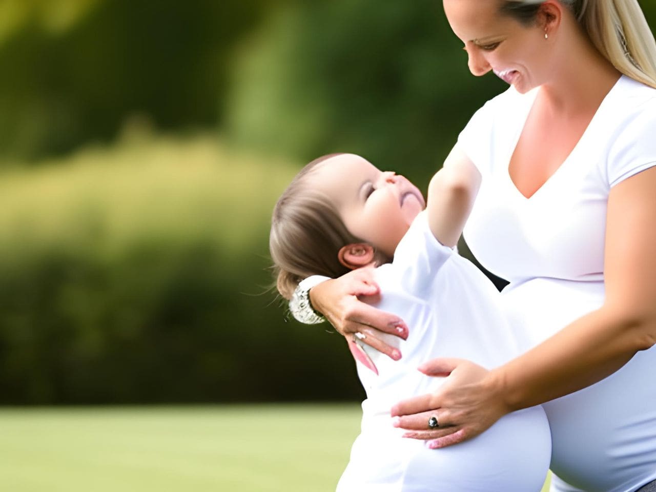 Eine schwangere Frau umarmt ihr Kind in einem Park, während sie osteopathische Behandlung erhält.