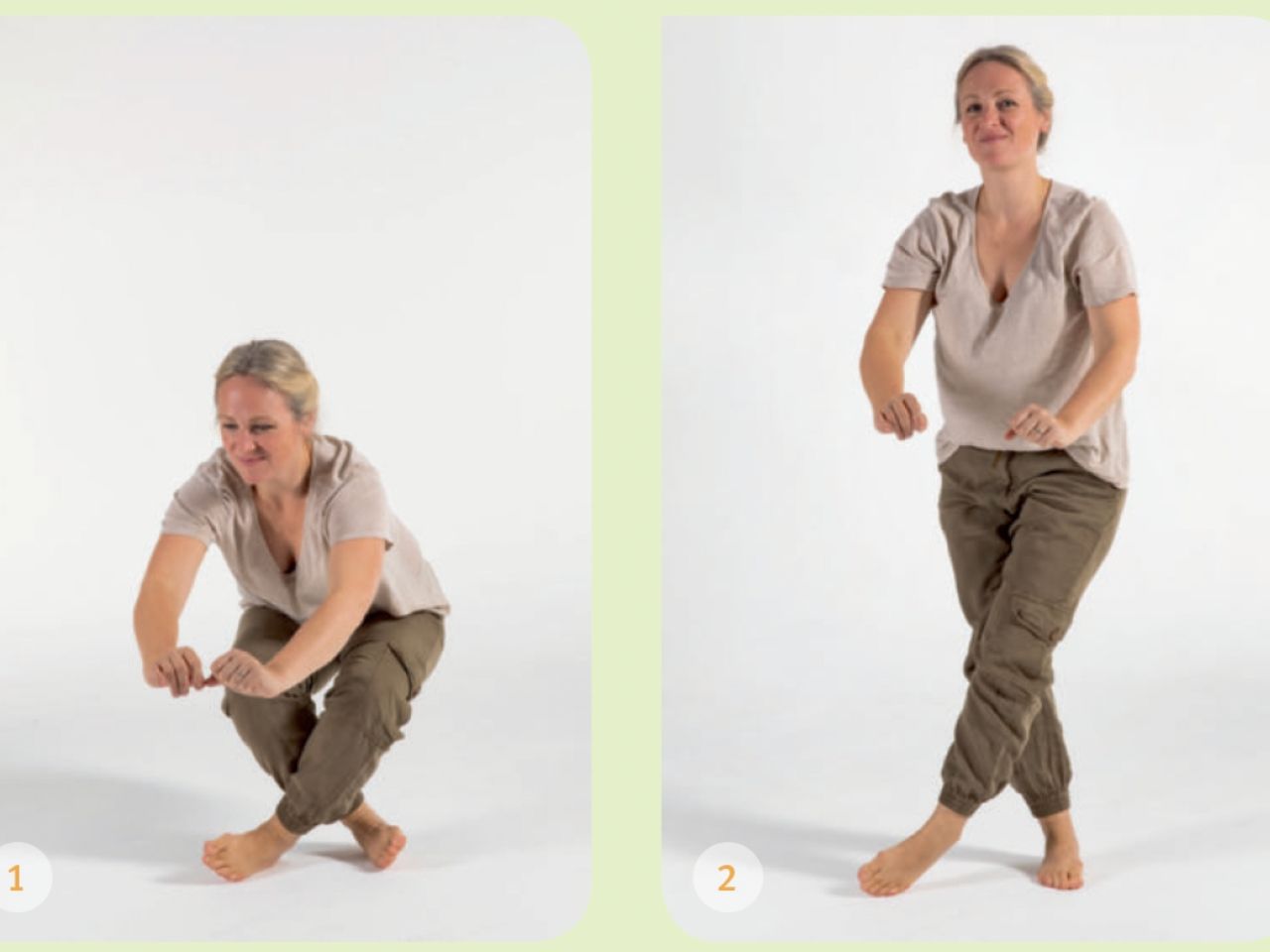 Tres imágenes de una mujer realizando un ejercicio de sentadilla, demostrando la forma y la técnica correctas.