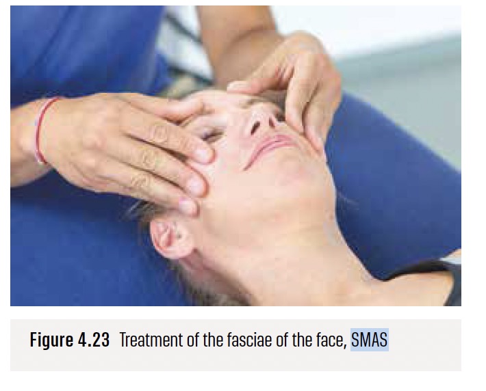 Ein medizinischer Fachmann in blauer Uniform führt an einer liegenden Frau eine Gesichtsmassage durch, wobei er sich auf Wangen und Stirn konzentriert. Die Massage gilt als Behandlung der oberflächlichen Muskel-Aponeurotischen-Faszie des Gesichts.