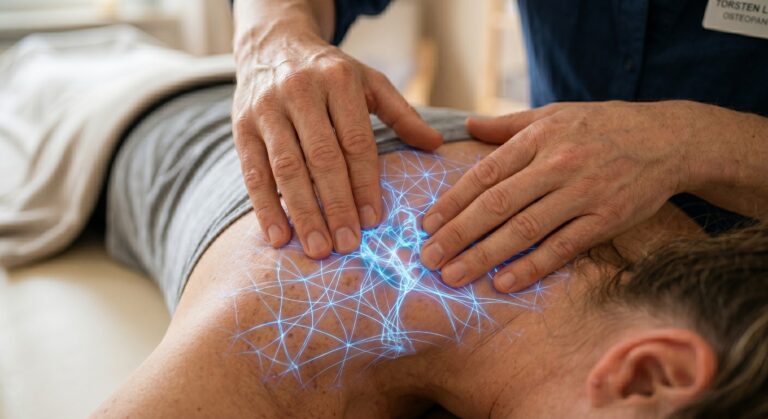 Osteopath behandelt Faszien am Rücken eines Patienten in Hamburg – blaue Netzwerk-Visualisierung