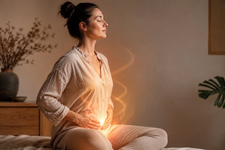 Frau sitzt meditativ mit Händen auf dem Bauch – Osteopathie für hormonelle Balance Hamburg