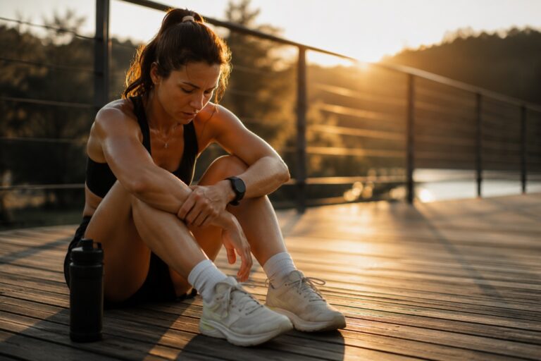 Sportlerin sitzt erschöpft nach dem Training – Sportosteopathie Hamburg für schnelle Regeneration und Verletzungsvorbeugung