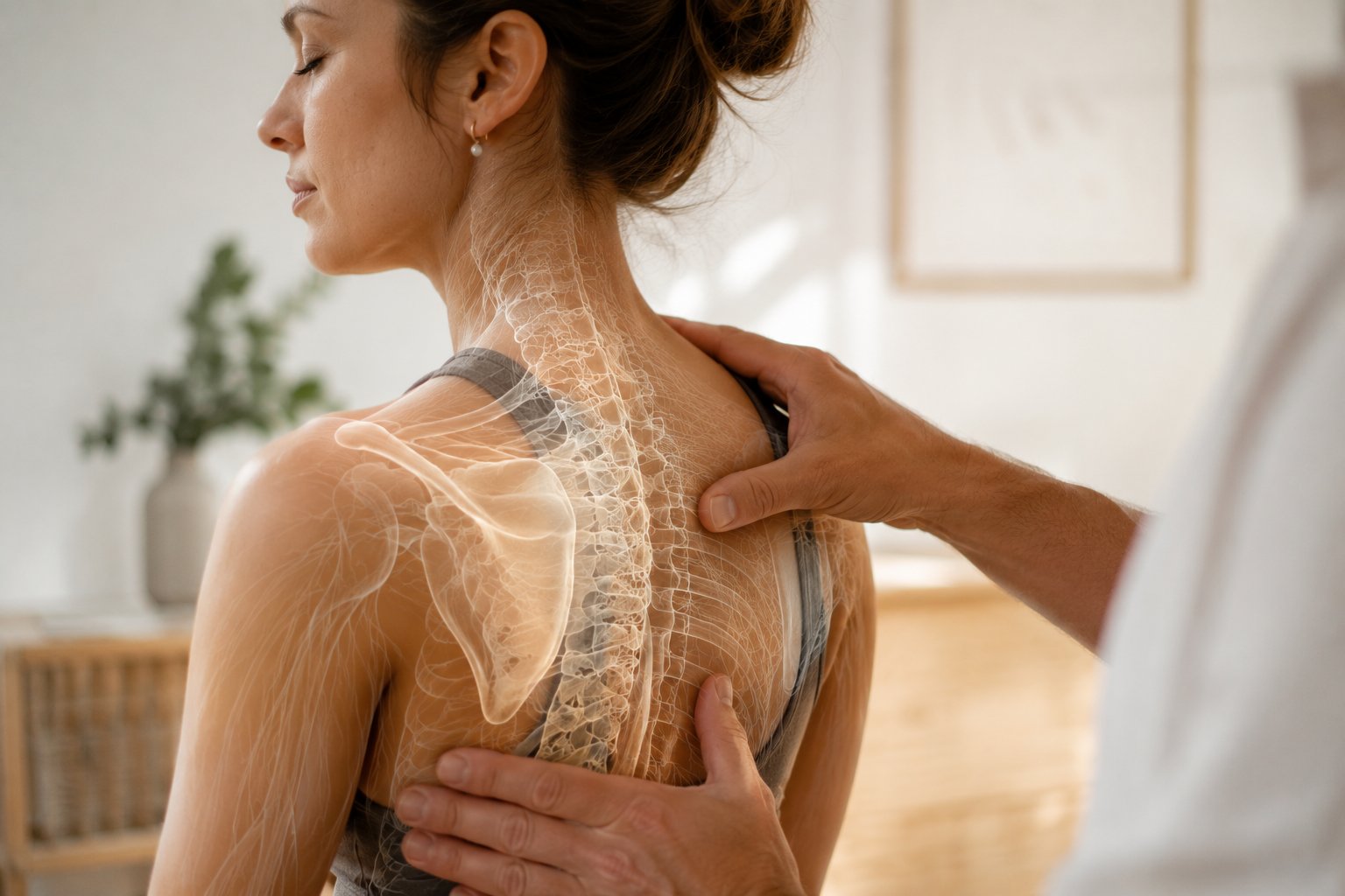 Osteopath behandelt Patientin am Rücken mit anatomischer Wirbelsäulen-Visualisierung – Was ist Osteopathie Hamburg